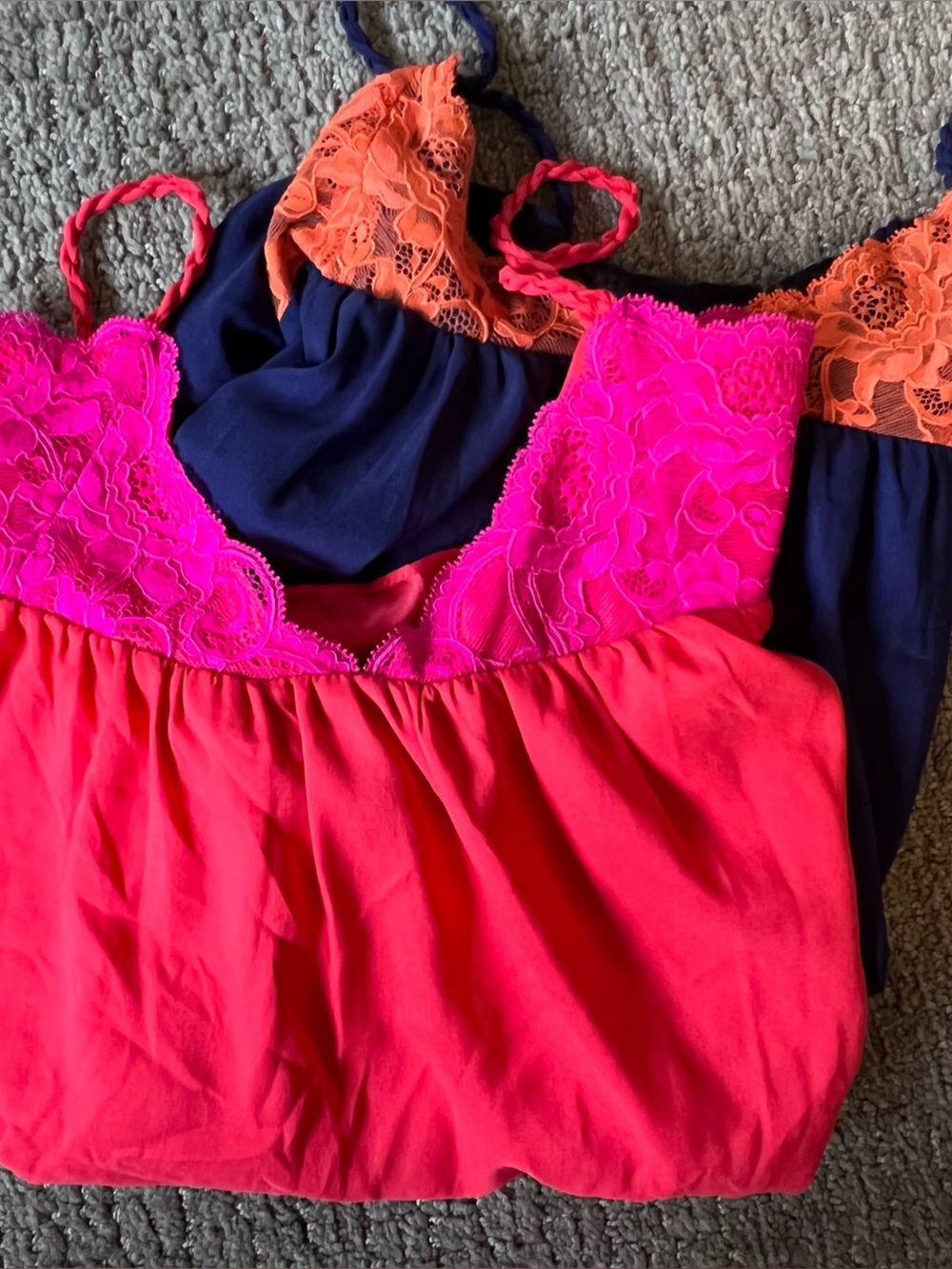 Women’s Lace-Trim Sleepwear Camis in Coral and Navy